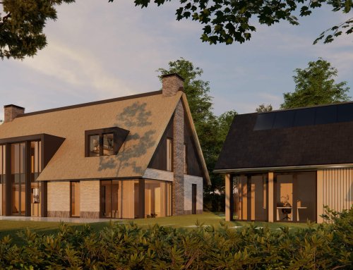 Moderne villa met rieten kap en zicht op het landschap